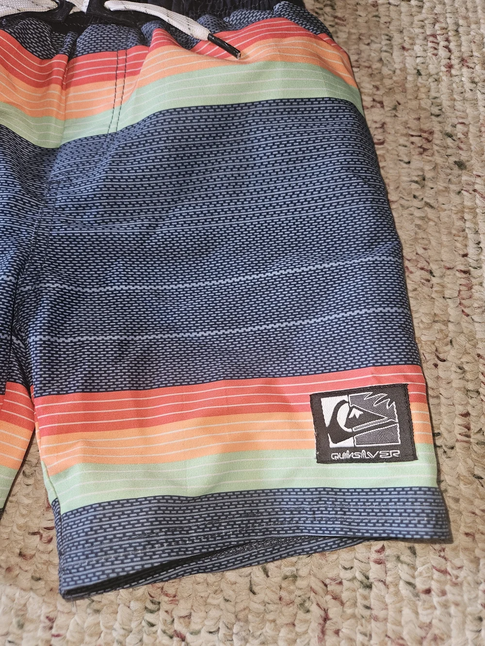 Quiksilver Boys Blue Stripe Swim Trunks with Orange, Green, and White Accents